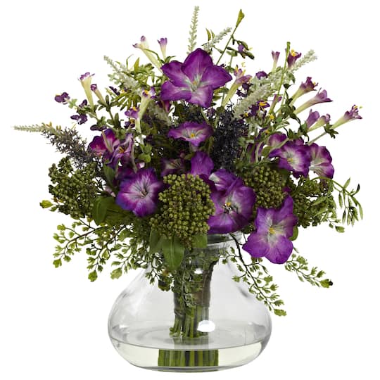 15&#x22; Purple &#x26; Green Mixed Morning Glory Flowers with Glass Vase